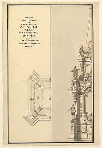 Half Elevation and Half Ground Plan for Catafalque for Antonio Farnese, Duke of Parma (d. 1731) — Giuseppe Galli Bibiena