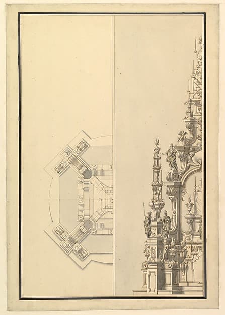 Half Plan and Half Elevation for a Catafalque with Royal Crown Surmounting the Casket — Giuseppe Galli Bibiena