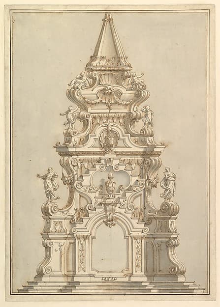Elevation for a Catafalque Surmounted by Squat Obelisk, Decorated with Statues of Putti and Female Figures — Giuseppe Galli Bibiena