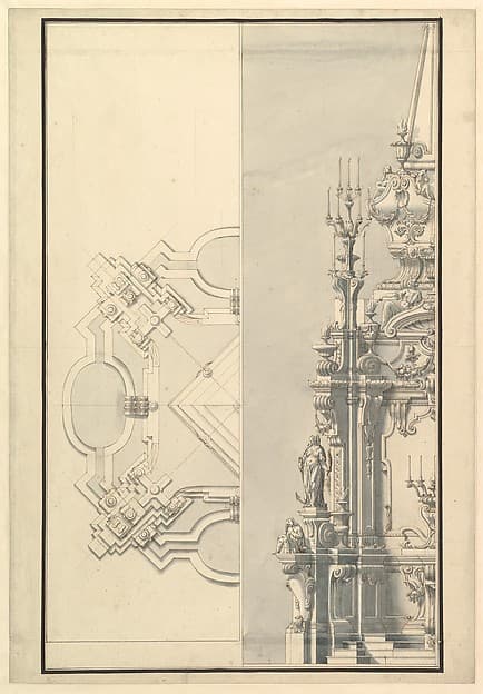 Half Ground Plan and Half Elevation for a Catafalque for a Queen of Sardinia — Giuseppe Galli Bibiena