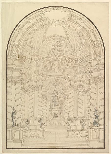 A Chapel with Figures of Statues en Grisaille of Faith, Hope and Charity and four Putti with Symbols of the Passion — Giuseppe Galli Bibiena
