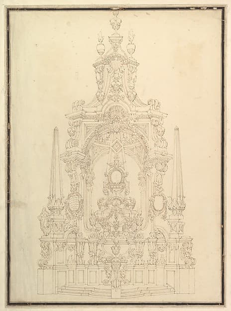 Elevation of a Catafalque: Obelisks at the Corners and One in Center — Giuseppe Galli Bibiena