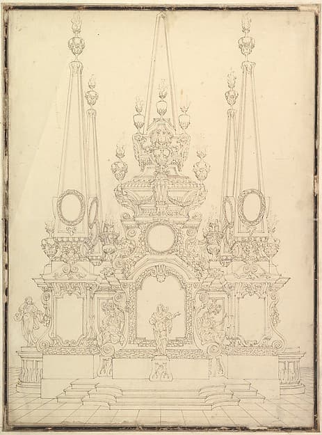 Elevation of a Catafalque: Four Large Obelisks at the Corners with Large one Surmounting the Top — Giuseppe Galli Bibiena