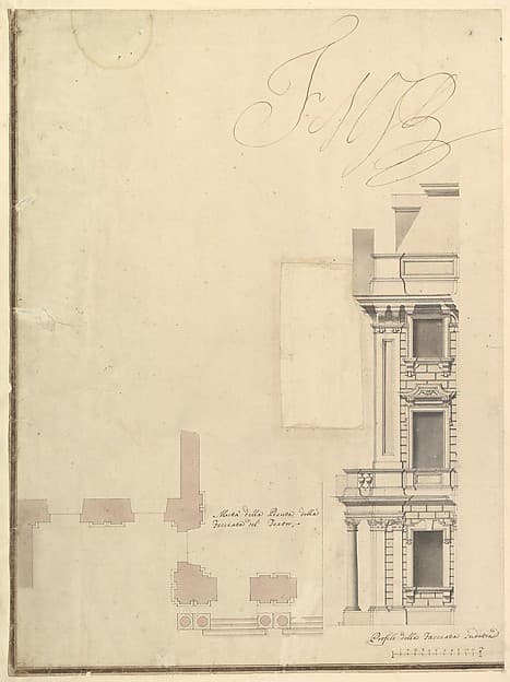 Views of a Theater (Bayreuth): Profile View of Facade and Half of the Plan — Giuseppe Galli Bibiena