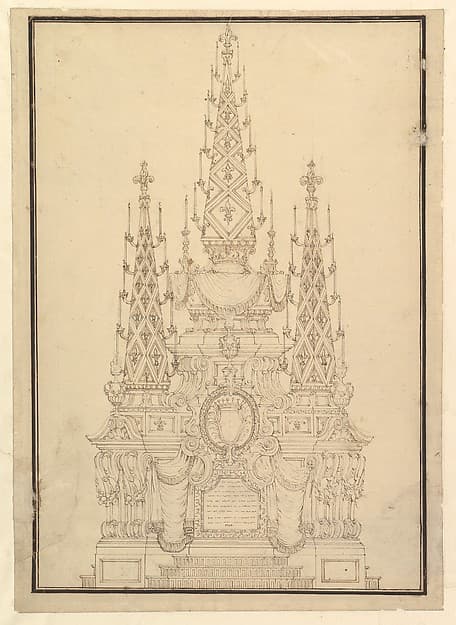 Elevation of a Catafalque, Three Obelisks with Fleur-de-lys and Candles — Giuseppe Galli Bibiena