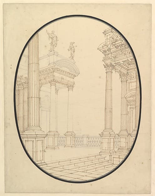 Architectural Perspective, in an Oval: Porch of a Palace with Corinthian Columns — Ferdinando Galli Bibiena