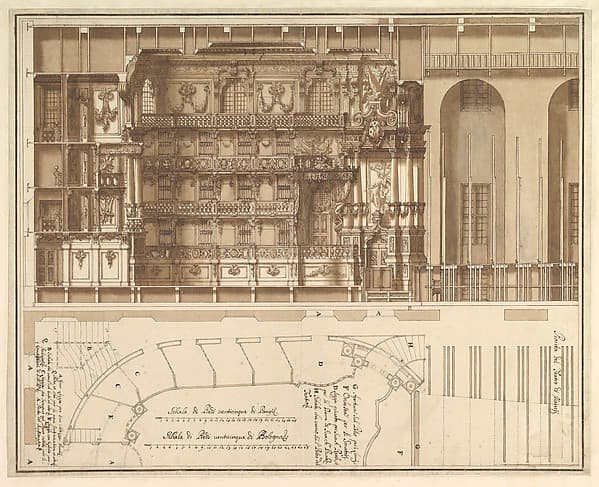 Designs for the Theater at Nancy: Longitudinal Section and Half Ground Plan — Francesco Galli Bibiena
