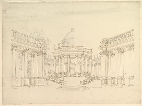 Design for Stage Set: Centralized Villa with Cupola ("Villa rotunda" Style) and Colonnaded Wings — Giuseppe Galli Bibiena