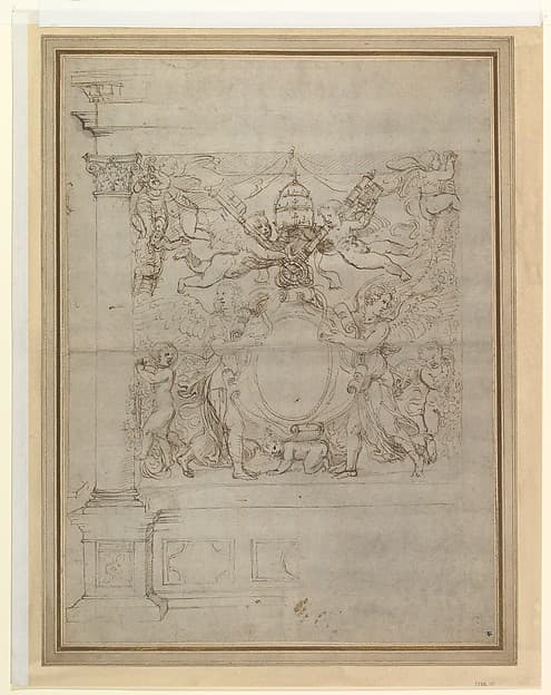 A Tabernacle Containing a Papal Escutcheon Supported by Angels — Giulio Romano