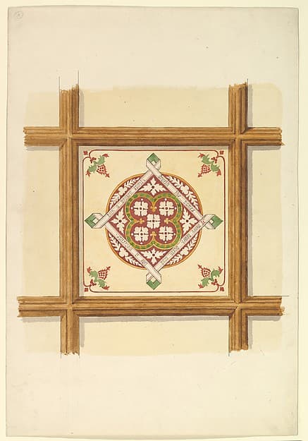 Design for a Coffered and Painted Ceiling in Rust and Olive Green, with a Quatrefoil Motif — John Gregory Crace
