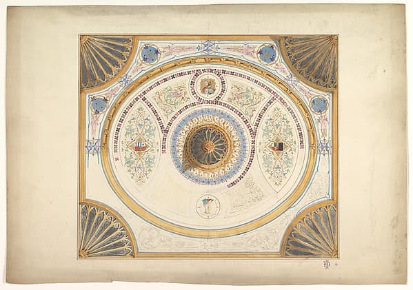 Design for Ceiling with Two Portraits and Fan Supports at Corners — John Gregory Crace