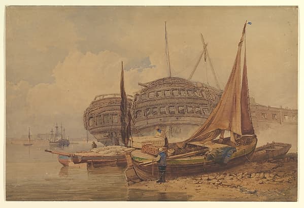 Coastal Scene with Beached Boats in Foreground — Samuel Prout