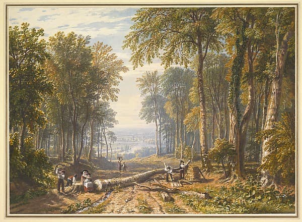 Woodcutters at Park Place, Henley, the river Thames beyond — William Havell
