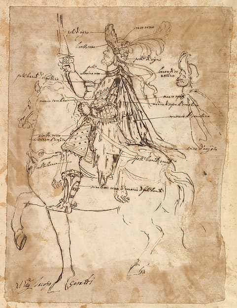 Costume design for Jacopo Giraldi, depicted on horse back — Baccio del Bianco