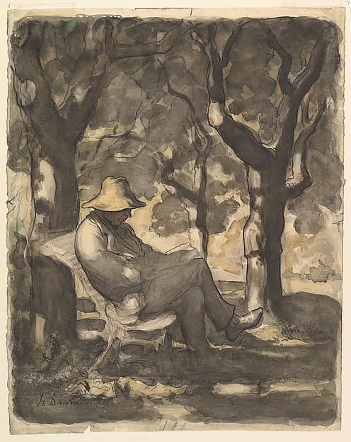 A Man Reading in a Garden (recto); Preliminary sketch for a Man Reading in a Garden (verso) — Honoré Daumier