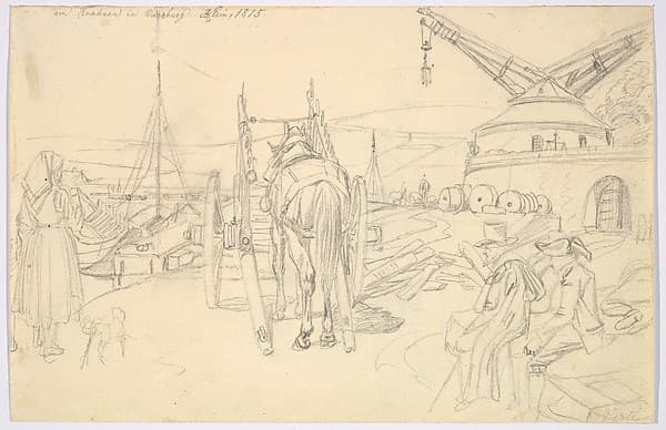 View of the Alter Kranen in Würzburg; verso: Study of Three Soldiers and Two More Figures — Johann Adam Klein