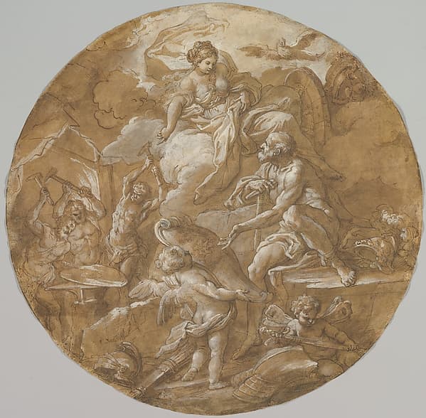 Venus at the Forge of Vulcan (recto); Sketches with Two Putti (verso) — Sebastiano Conca