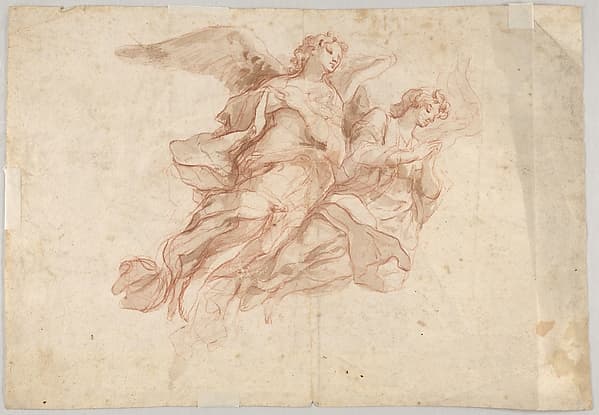 Two Angels Flying; verso: God the Father Seated in the Clouds and a Sketch of a Figure Flying — Cosmas Damian Asam
