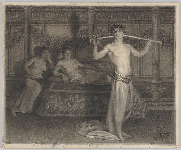 Two Women in an Interior Listening to a Young Musician in Antique Times — Kristian Zahrtmann