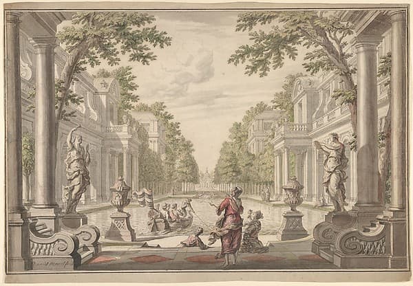 View of a Palace Garden with a Central Pond Surrounded by Classical Architecture (Tapestry or Stage Design?) — Daniel Marot the Elder