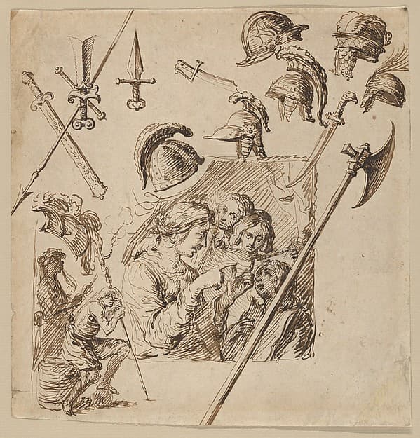Sheet with Two Figural Compositions and Studies of Helmets and Arms — Jacques de Gheyn II