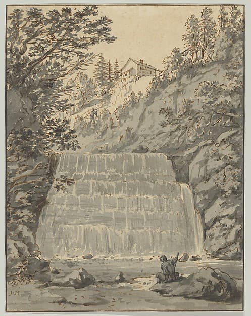 A Waterfall in Switzerland (near Lausanne?) with a Resting Wayfarer — Jan Hackaert