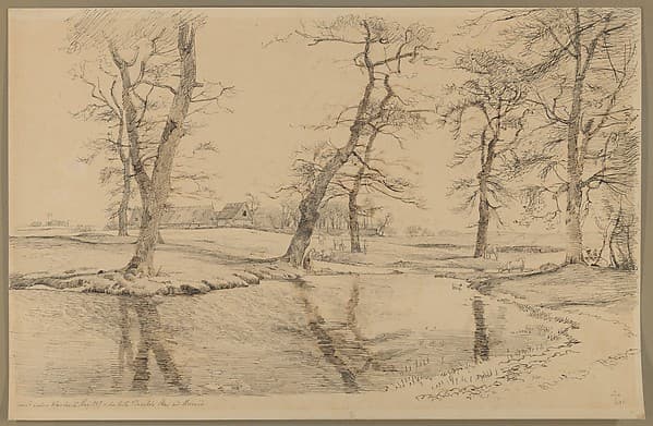 A Brook near a Farm in Usserød with Cows and Two Figures — Johan Thomas Lundbye
