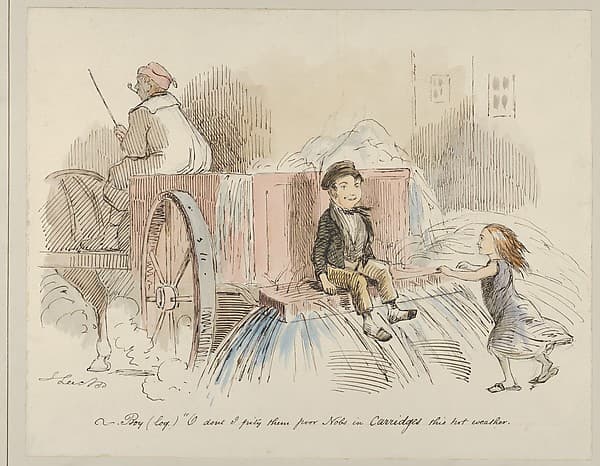 Boy (loq.) O don't I pity them poor Nobs in Carriages this hot weather — John Leech