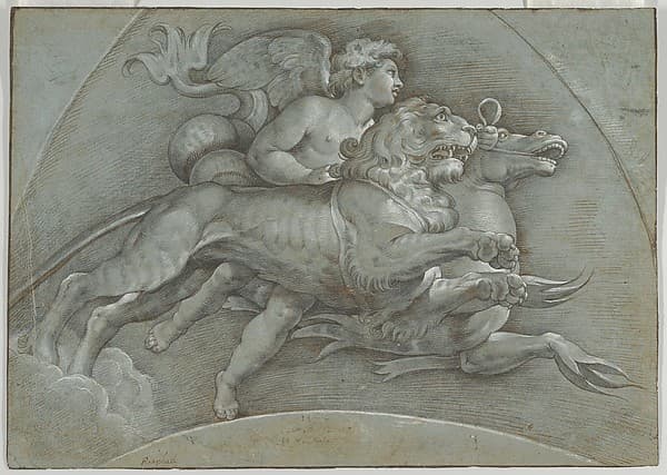 A Winged Putto Riding a Sea Horse and a Lion (recto); The Three Graces (verso) — Denijs Calvaert