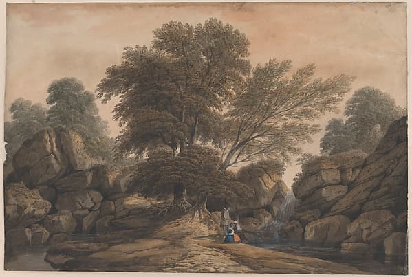 Figures beside a waterfall and pool in a wooded landscape — John Varley