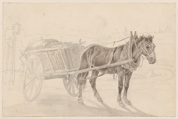 A Cart Drawn by a Brown Horse Near a Lamp Pole; Verso: A Group of Mounted Officers — Johann Adam Klein
