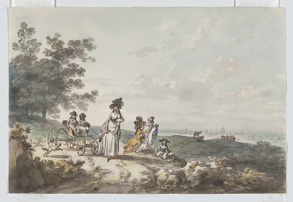 View of London with St. Paul’s in the distance: woman and children with a baby carriage — Julius Caesar Ibbetson