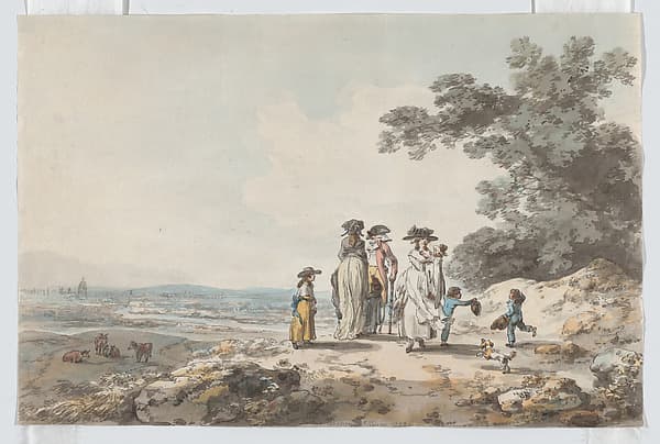 View of London with St. Paul’s in the distance: a family pausing on a road — Julius Caesar Ibbetson