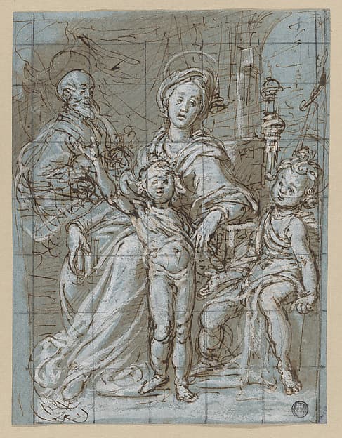 Holy Family with the Infant St. John the Baptist (recto); large-scale cropped sketches of draperies and legs (verso) — Gregorio Pagani