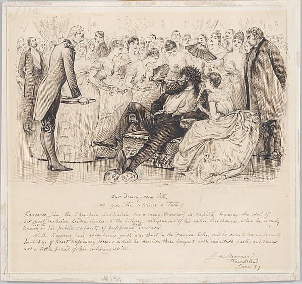 Our Drawing-room Pets–with 'Kangaroo Jim, the Champion Australian boomerang-thrower', for "Punch" — George Du Maurier