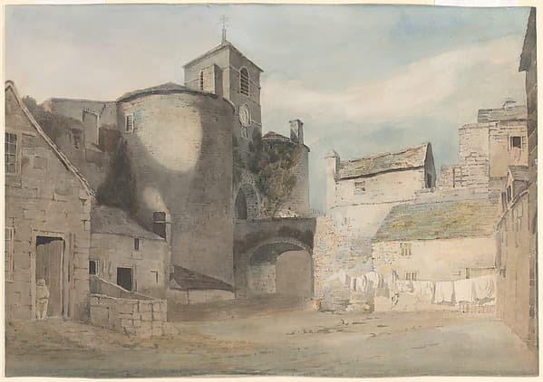 Fortified entrance to a Welsh town (East gate of Caernarvon) — John Varley