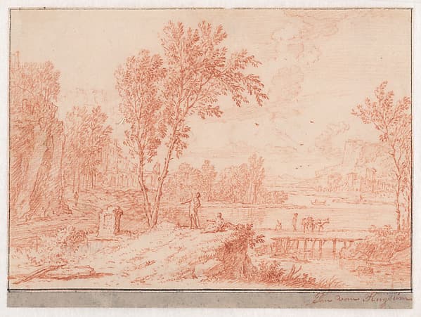 A Classical Landscape with Travelers by a Lake — Jan van Huysum