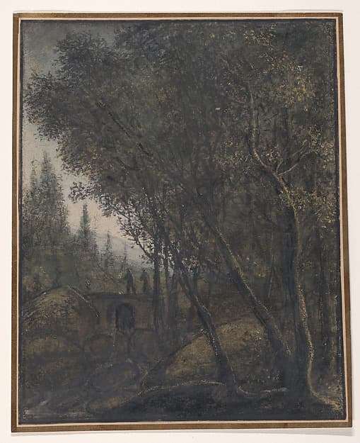 A Wooded Landscape with Travelers Crossing a Small Bridge over a River — Anthonie Waterloo