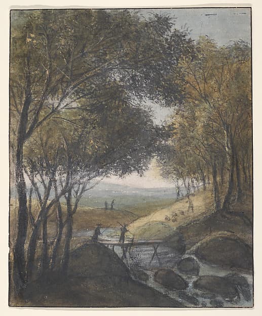 Landscape with a Traveler Crossing a Bridge (recto); Sketches of a Gate, a Bridge, and a Town Hall (verso) — Anthonie Waterloo