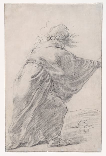 A wild-haired, robed woman rushing to the right, seen from behind — Cornelis Saftleven