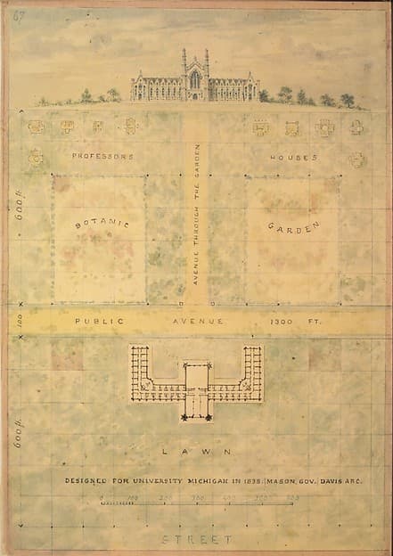 Design for University of Michigan (elevation and plan of building and grounds) — Alexander Jackson Davis
