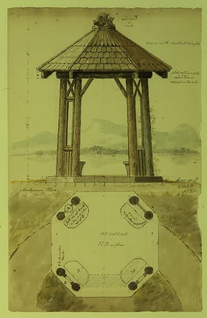 Shore Seat for Montgomery Place, Annandale-on-Hudson, New York (elevation and plan) — Alexander Jackson Davis