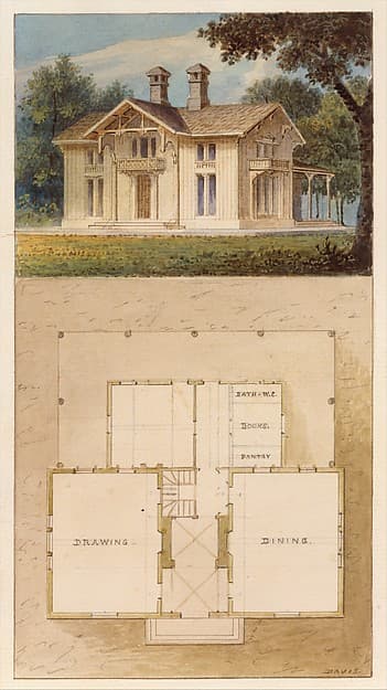 Design for a Cottage-Villa in the Bracketted Mode, Constructed in Wood (perspective and plan) — Alexander Jackson Davis