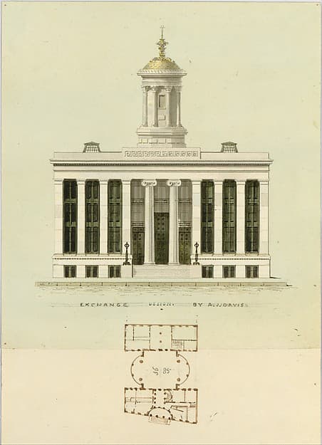 Façade Design and Old Plan for the First Merchant's Exchange, New York  (unexecuted; front elevation and plan) — Alexander Jackson Davis