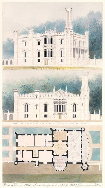 Glen Ellen for Robert Gilmor, Towson, Maryland (perspective, elevation, and plan) — Alexander Jackson Davis