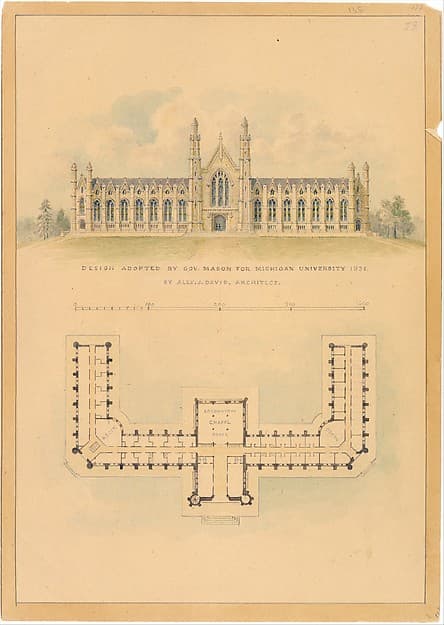 Design Adopted by Governor Mason for University of Michigan (elevation and plan) — Alexander Jackson Davis