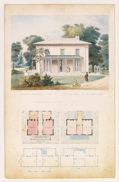 Villa for David Codwise, near New Rochelle, NY (project; elevation and four plans) — Alexander Jackson Davis