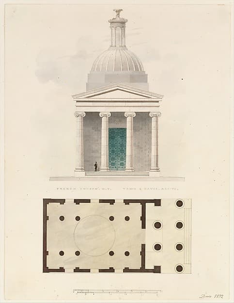 Church of the French Protestants (Eglise Français du Saint Esprit), New York (front elevation and plan) — Alexander Jackson Davis