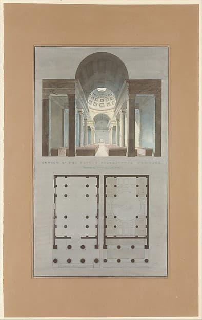 Church of the French Protestants (Eglise Français du Saint Esprit), New York (section and plan) — Alexander Jackson Davis