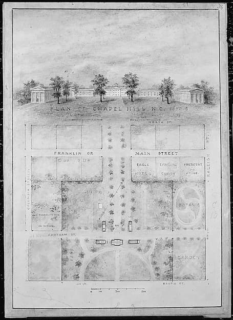 University of North Carolina, Chapel Hill (distant perspective and plan of grounds) — Alexander Jackson Davis